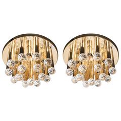 Pair of Mid-Century Modernist Cut Crystal and Brass Flush Mount Chandeliers