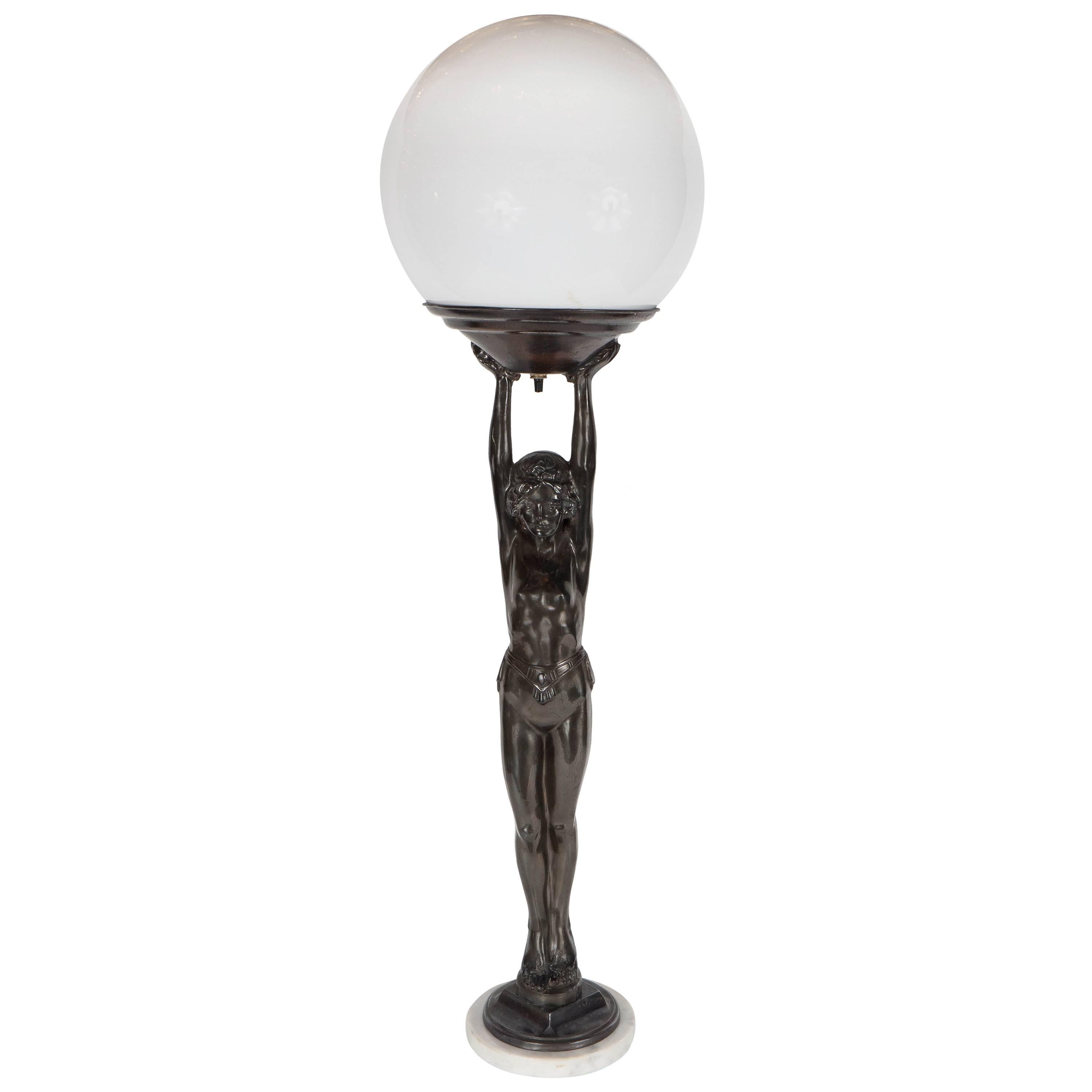 Art Deco Flapper Lady Uplight by Everlite in  Patinated Bronze With Marble Base