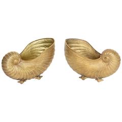 Pair of Mid-Century Brass Nautilus Shell Jardinieres or Planters 