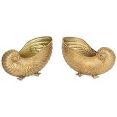 Pair of Mid-Century Brass Nautilus Shell Jardinieres or Planters