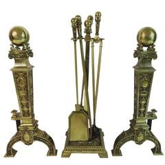 Early 20th c. English Andirons and Fireplace Tools