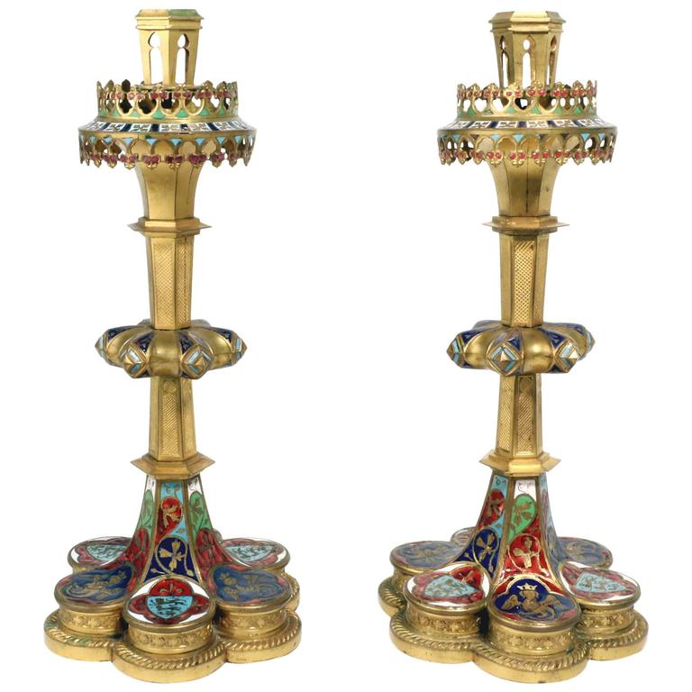 Pair of Neo-Gothic Gilt and Enamel Candlesticks at 1stDibs
