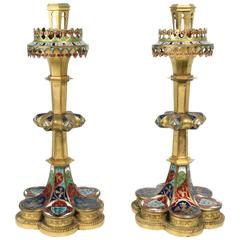 Pair of Neo-Gothic Gilt and Enamel Candlesticks