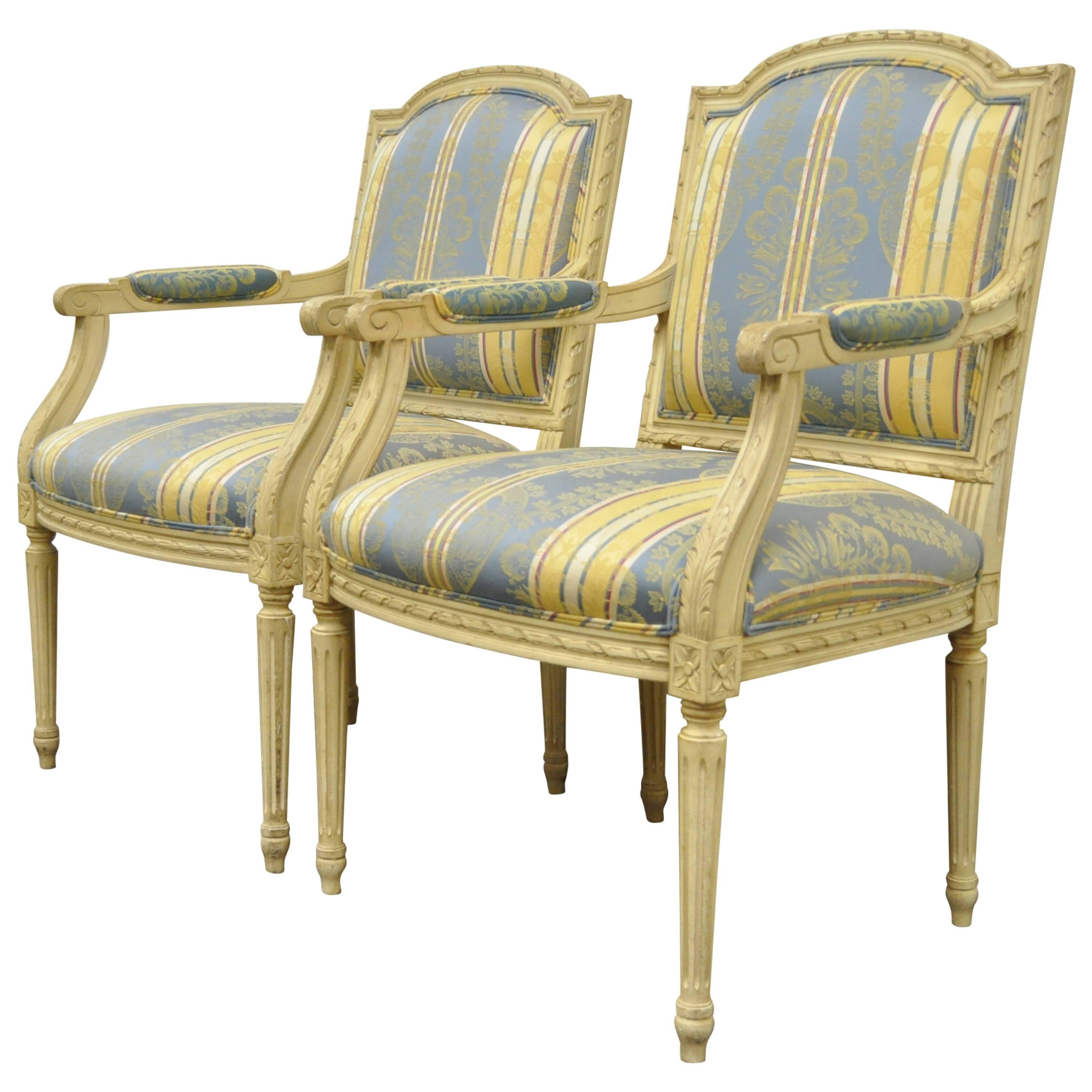 Pair of French Louis XVI Style Carved Cream Painted Fauteuil Dining Arm Chairs A
