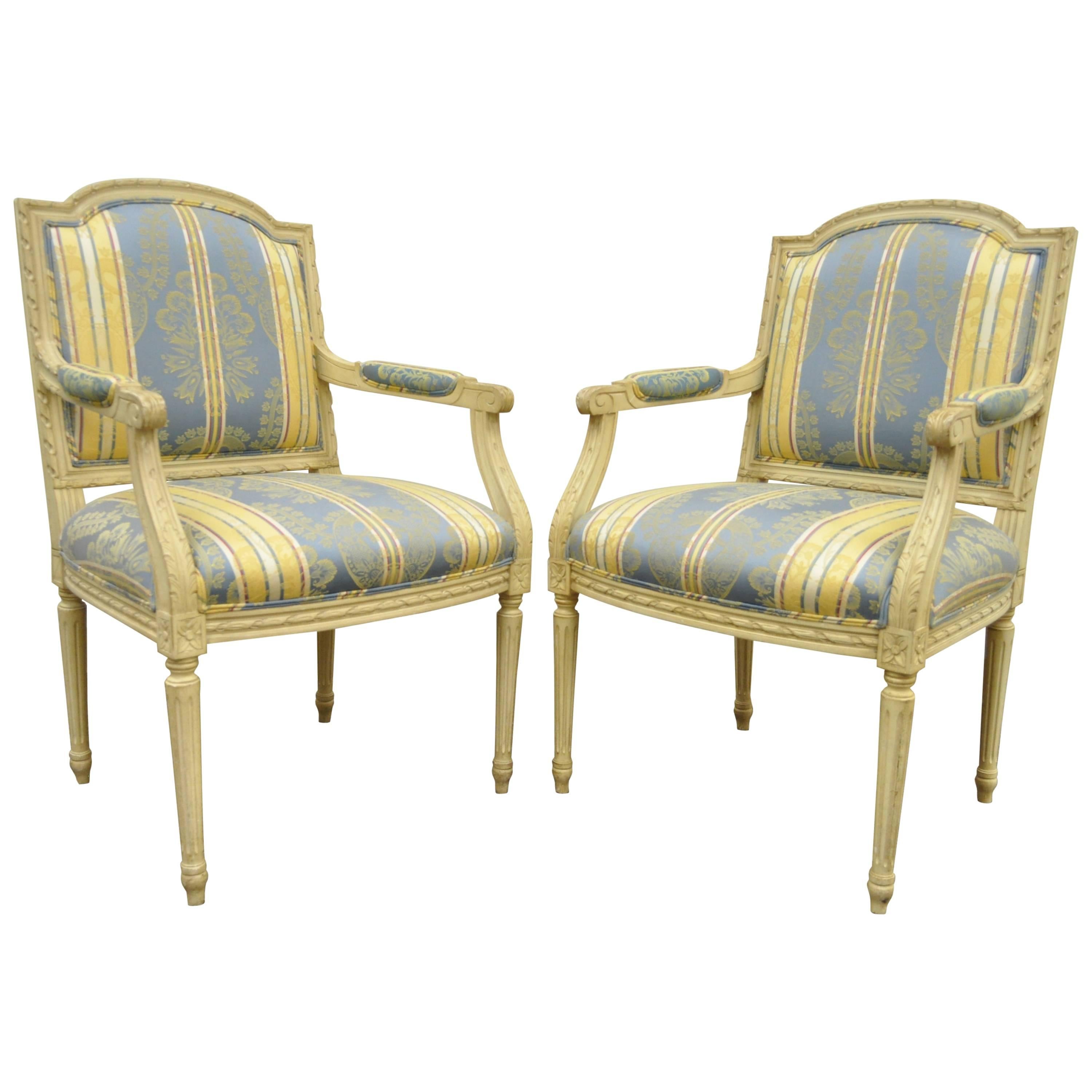 Pair of French Louis XVI Style Carved Cream Painted Fauteuil Dining Arm Chairs B