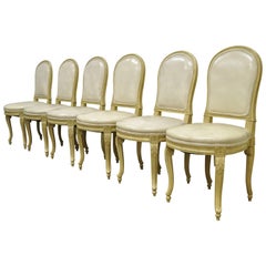 Set of 6 French Louis XV Style Carved & Painted Cream Leather Dining Chairs