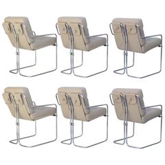 Set of Six Leather and Chrome Dining Chairs by Cy Mann