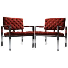 A Pair Of Milo Baughman Chrome Armchairs with Red velvet Fabric