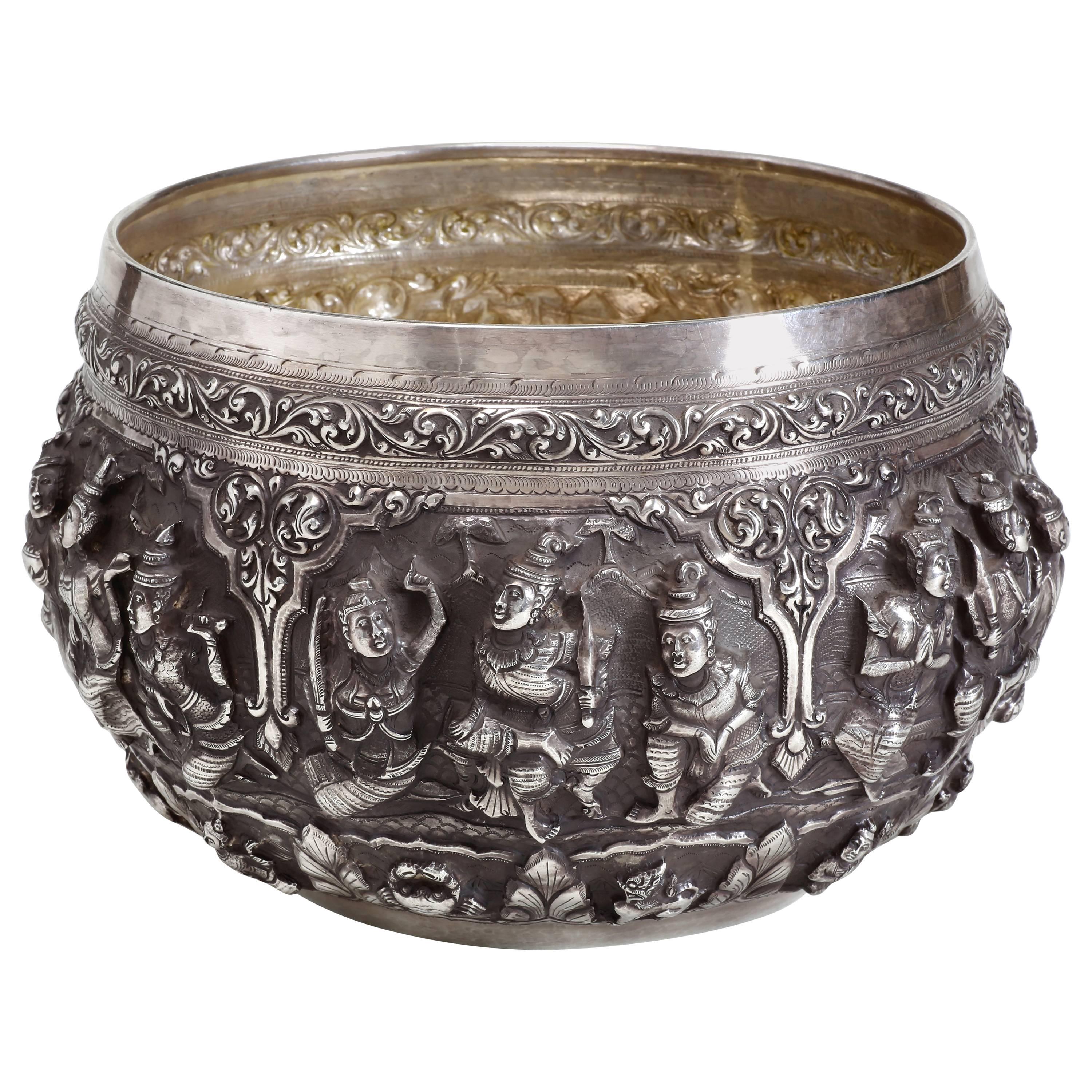 Old Solid Silver Hand-Worked Burmese Ceremonial Bowl, High-Relief Jataka Scenes