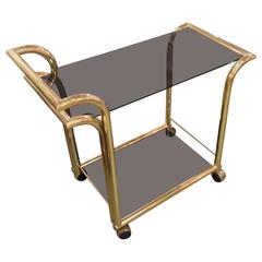 Italian Two-Tiered Brass Bar Cart with Smoked Glass