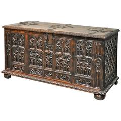 Early French Coffer/Large Trunk with Carved Front & Sides in French Gothic Style