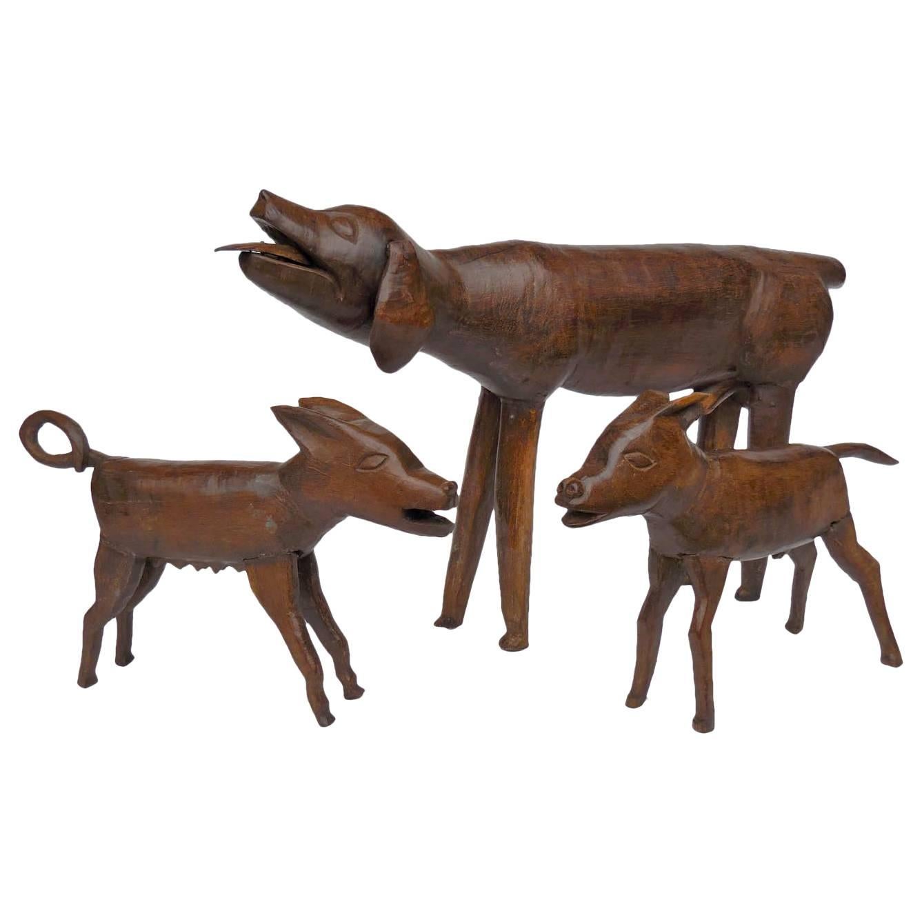 19th Century Carved Wood Dog Family, Folk Art