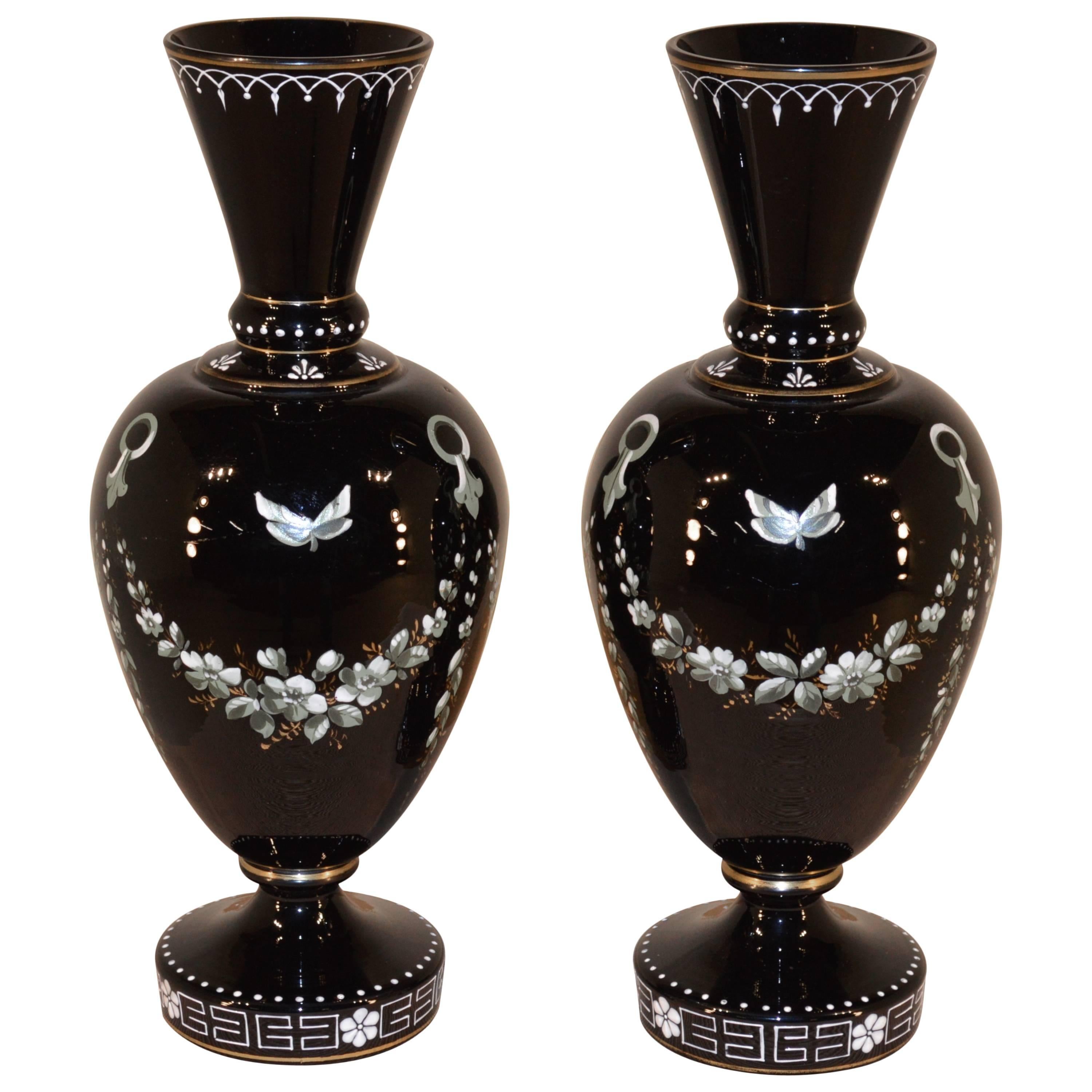 19th Century Pair of Black Amethyst Opaline Vases