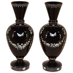 Antique 19th Century Pair of Black Amethyst Opaline Vases