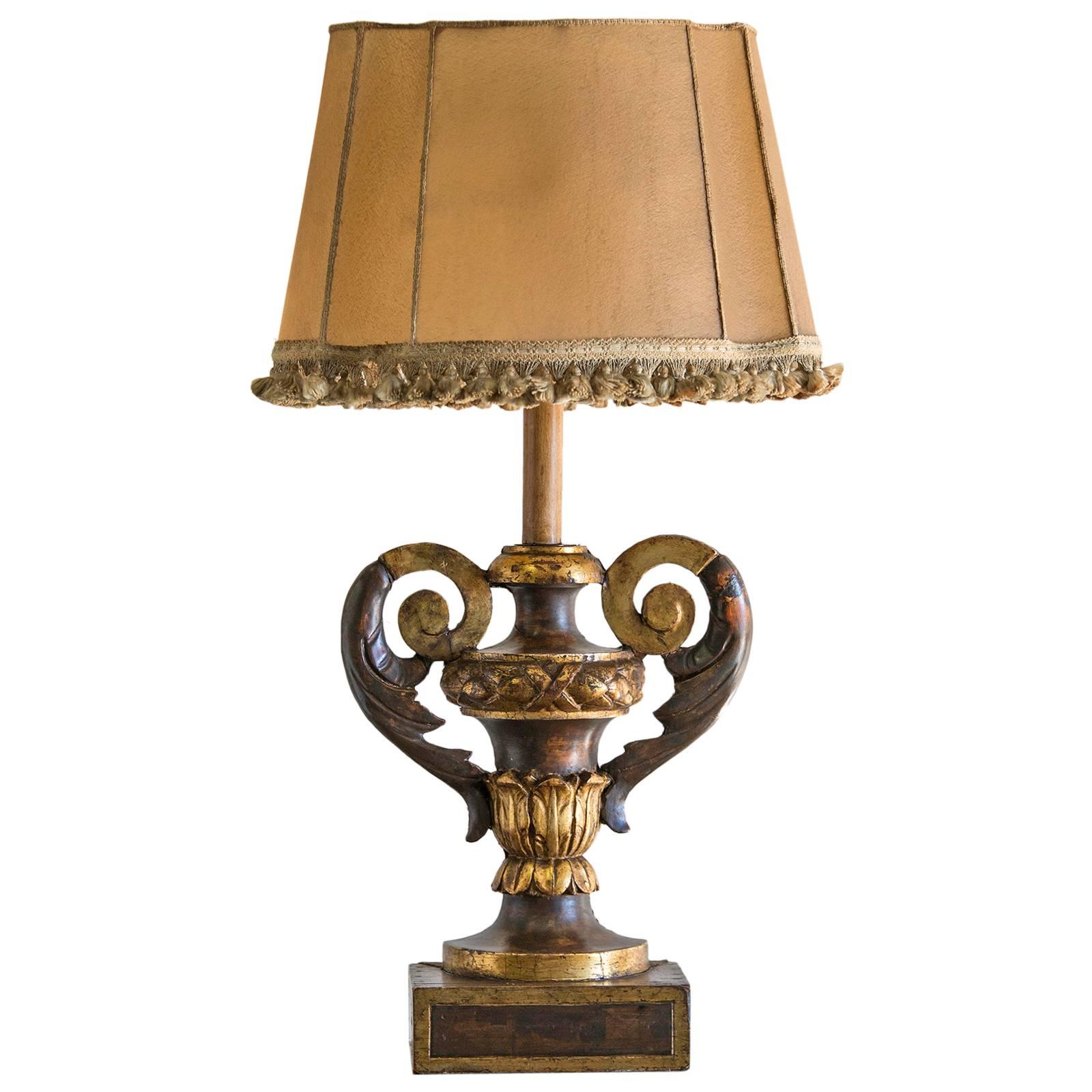 Gilded, Carved Antique Italian Urn Mounted as Custom Lamp circa 1820 For Sale