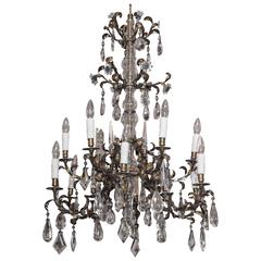 Fine Antique French crystal and gilt iron 12-light chandelier