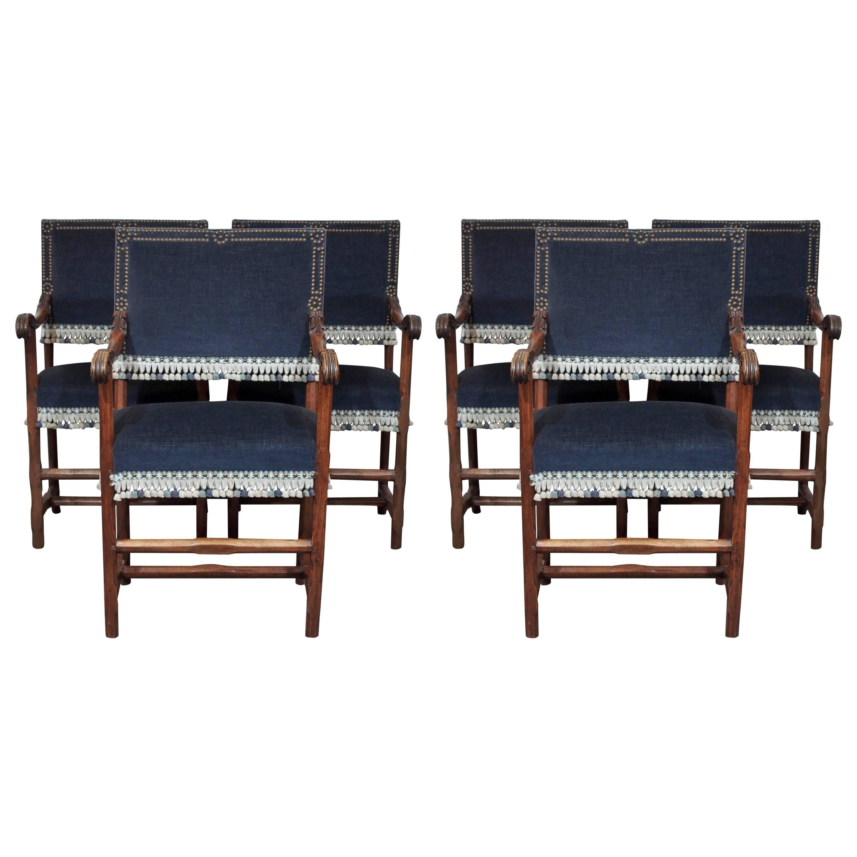 Set of 6 18th century Italian walnut upholstered hall/dining chairs