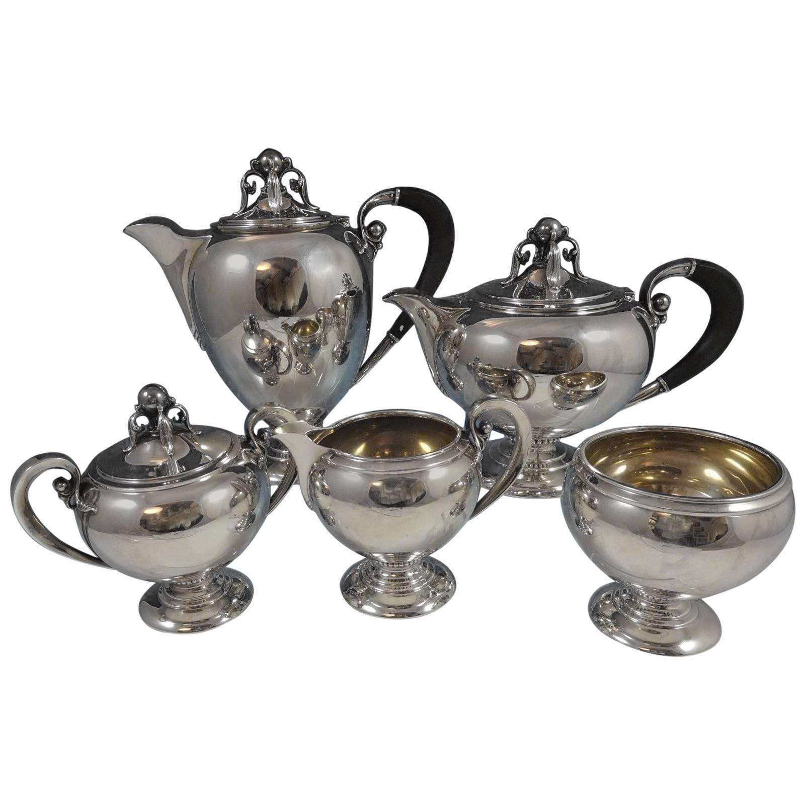 Fred Hirsch Sterling Silver Tea Set 5-Piece 3-D Ebony 1900s Modernism 0844 For Sale