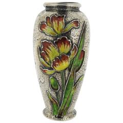 19th Century Art Nouveau Gorham Sterling Silver Enamel Vase with Tulips 2