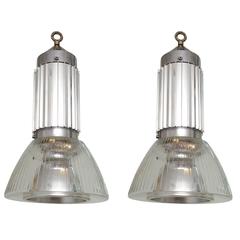 Vintage Pair of Chrome and Glass Ship Pendant Lights