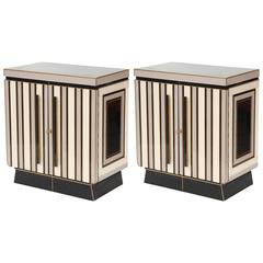 Retro Rare Pair of Opaline Glass Nightstands with Brass Inlay, Italy