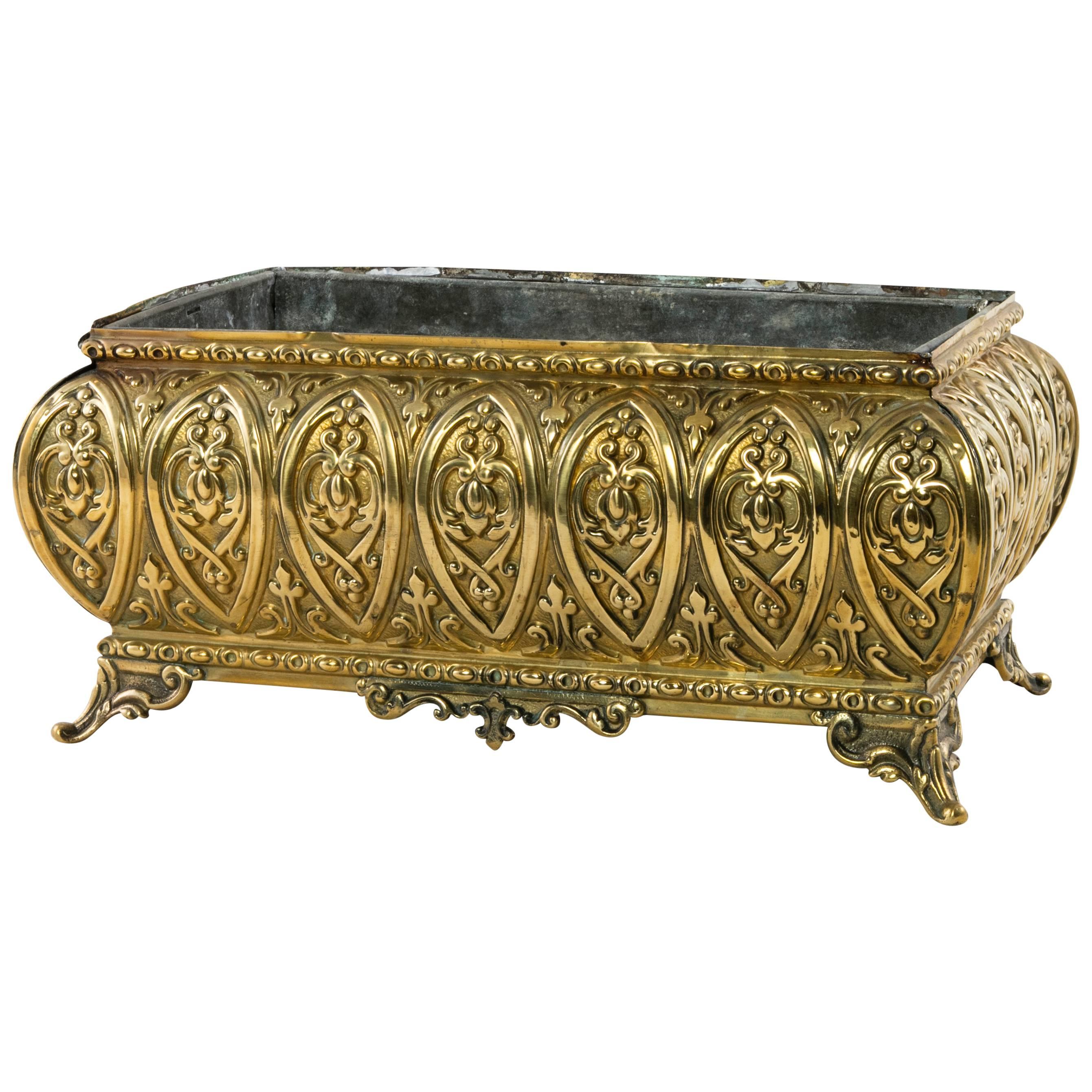 Antique French Polished Brass Repoussé Jardinière or Planter, circa 1900