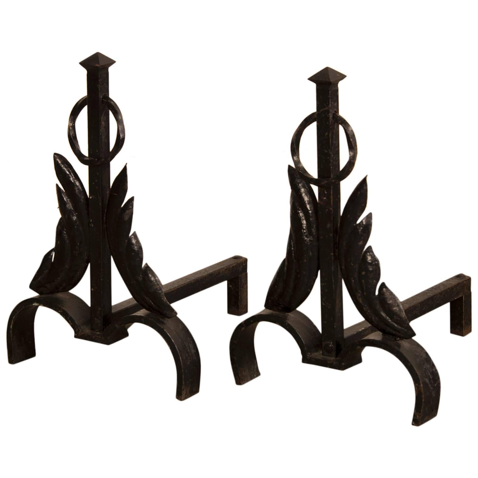 Vintage French Modernist Hand-Forged Fireplace Andirons, circa 1940