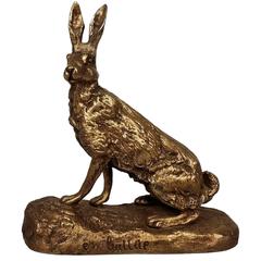Antique French Gilt Bronze Rabbit Sculpture, "En Battue, " After Pierre-Albert Laplanche