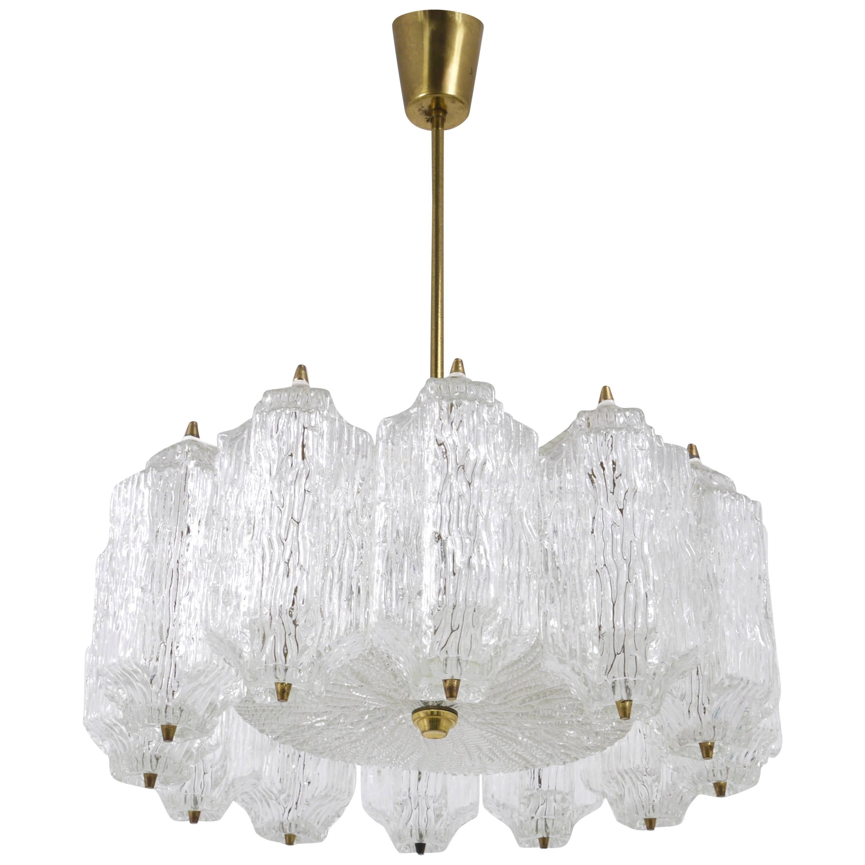 J.T. Kalmar Brass Chandelier with Textured Ice Glass, Austria, 1950s For Sale