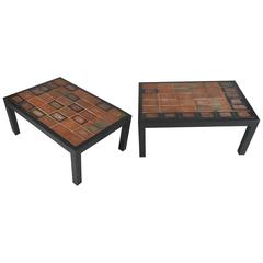 1960s Pair of Coffee Tables in Ceramic and Wood by Roger Capron