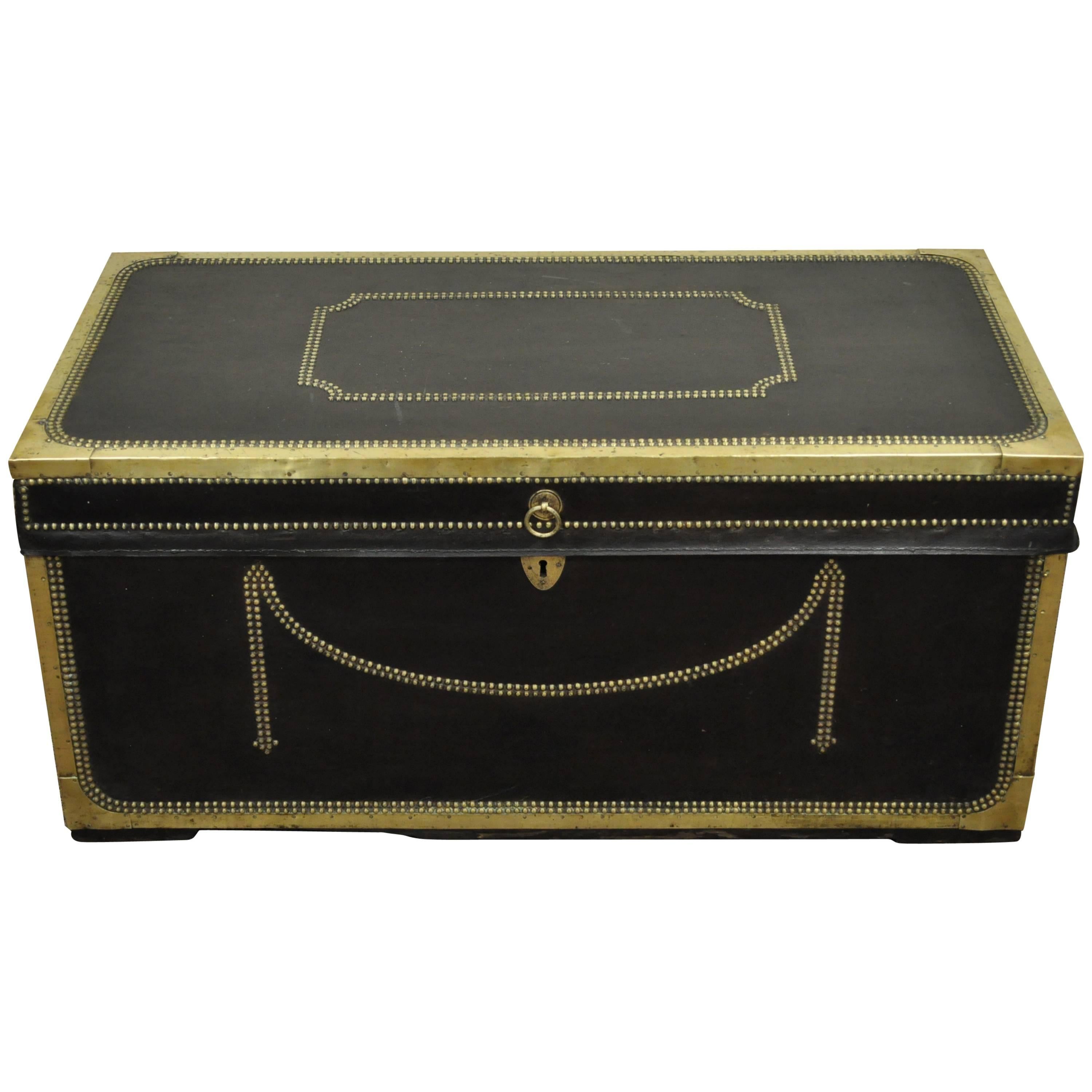 19th Century English Campaign Trunk or Chest of Camphor Wood in Leather & Brass