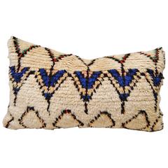 Vintage Moroccan Hand-Loomed Wool Azilal Pillow, Blue and Ivory