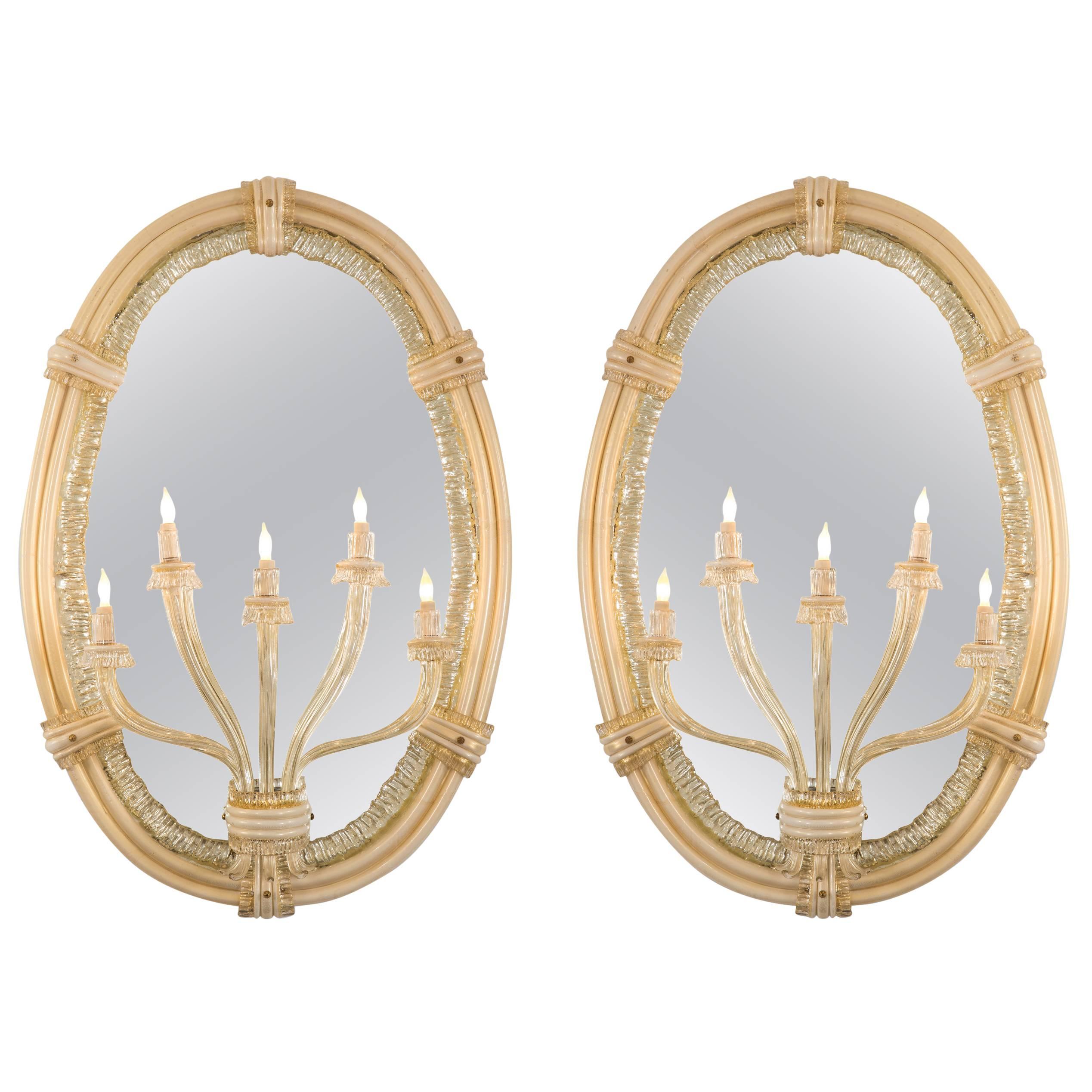 Seguso, a Large Pair of Italian Murano Glass Mirror Sconces For Sale