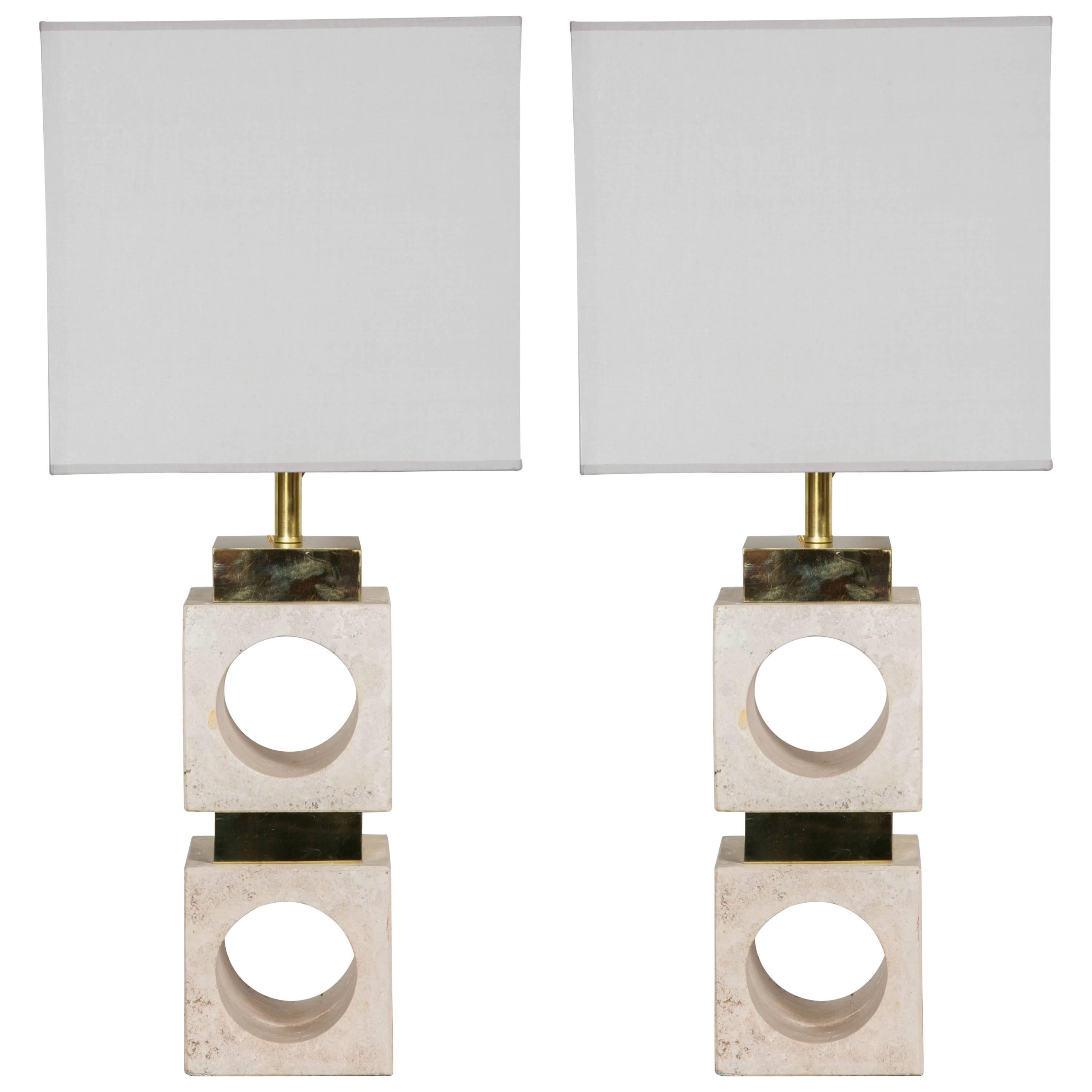 A Pair of Travertine and Brass Lamps, Italy, 1970