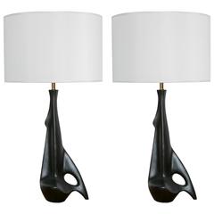 Pair of Black Ceramic Lamps, Signed Pulcinelli for Esperia 
