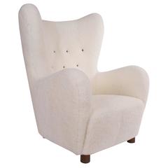Danish 1940s Lounge Chair Upholstered in Sheepskin
