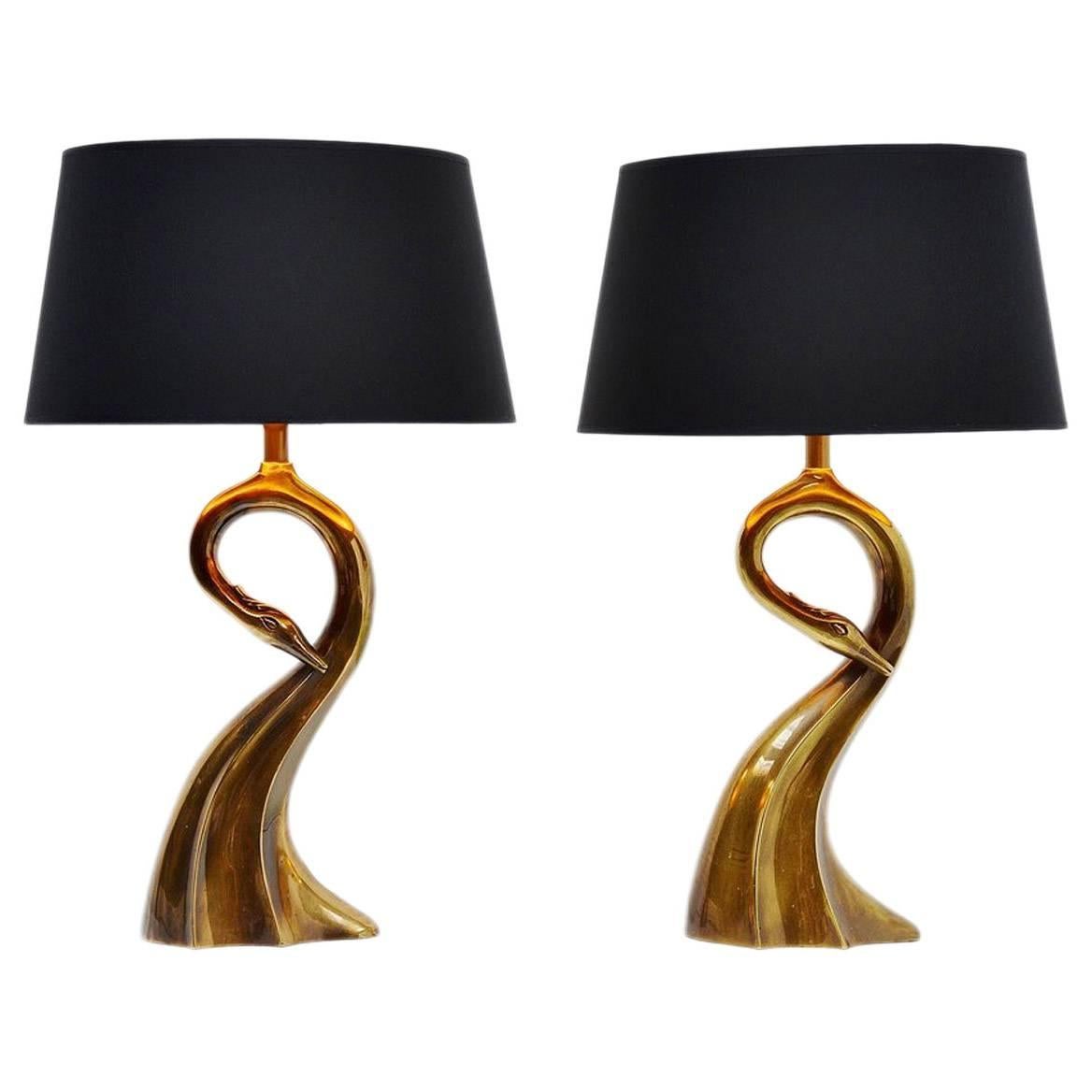 Brass swan shaped table lamps Belgium 1970