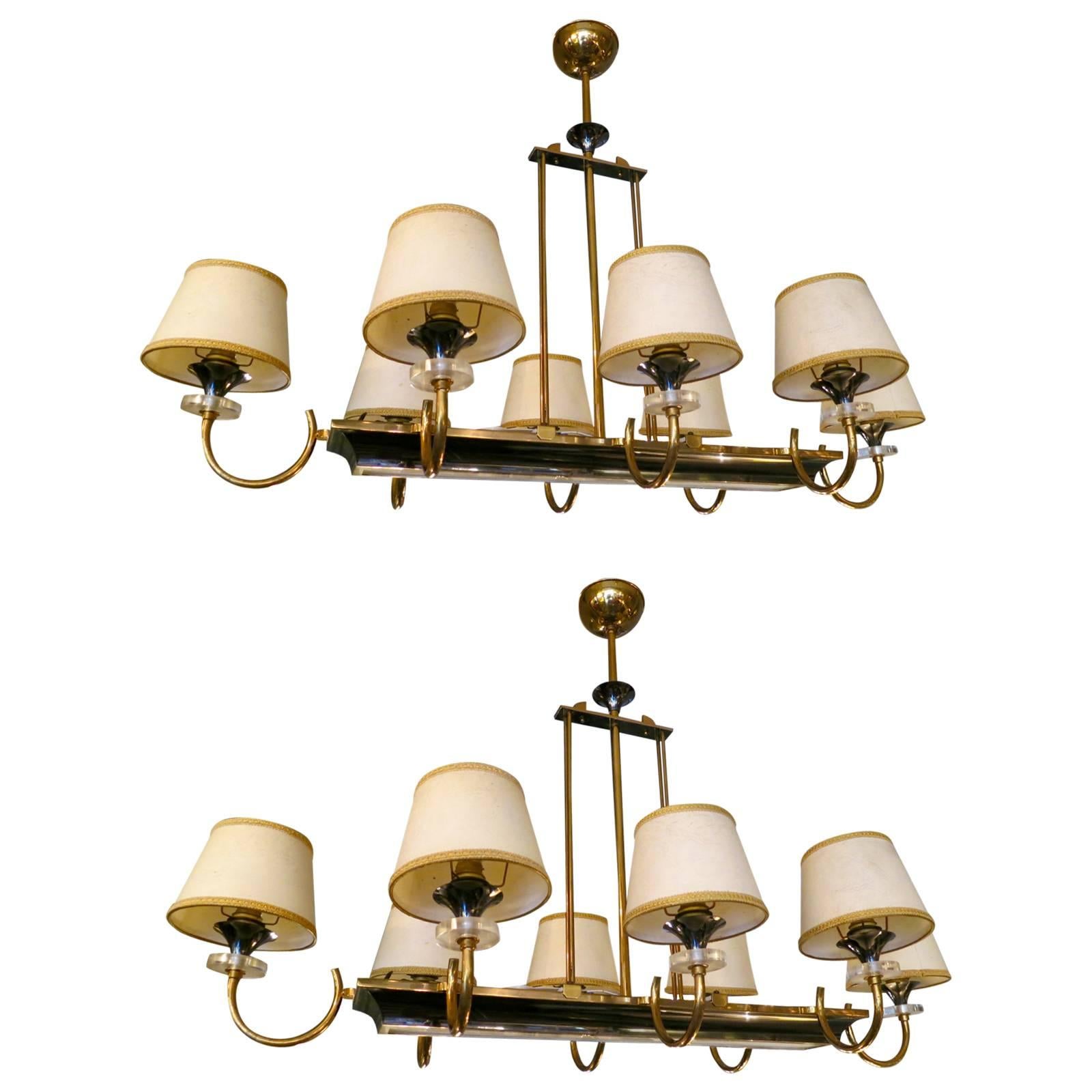 Pair of French Brass, Gunmetal and Lucite Chandeliers Attributed to Jansen