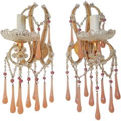 Antique French Pink Beaded Murano Drops Sconces