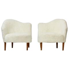 Pair of Sheepskin Easy Chairs Attributed to Carl Malmsten
