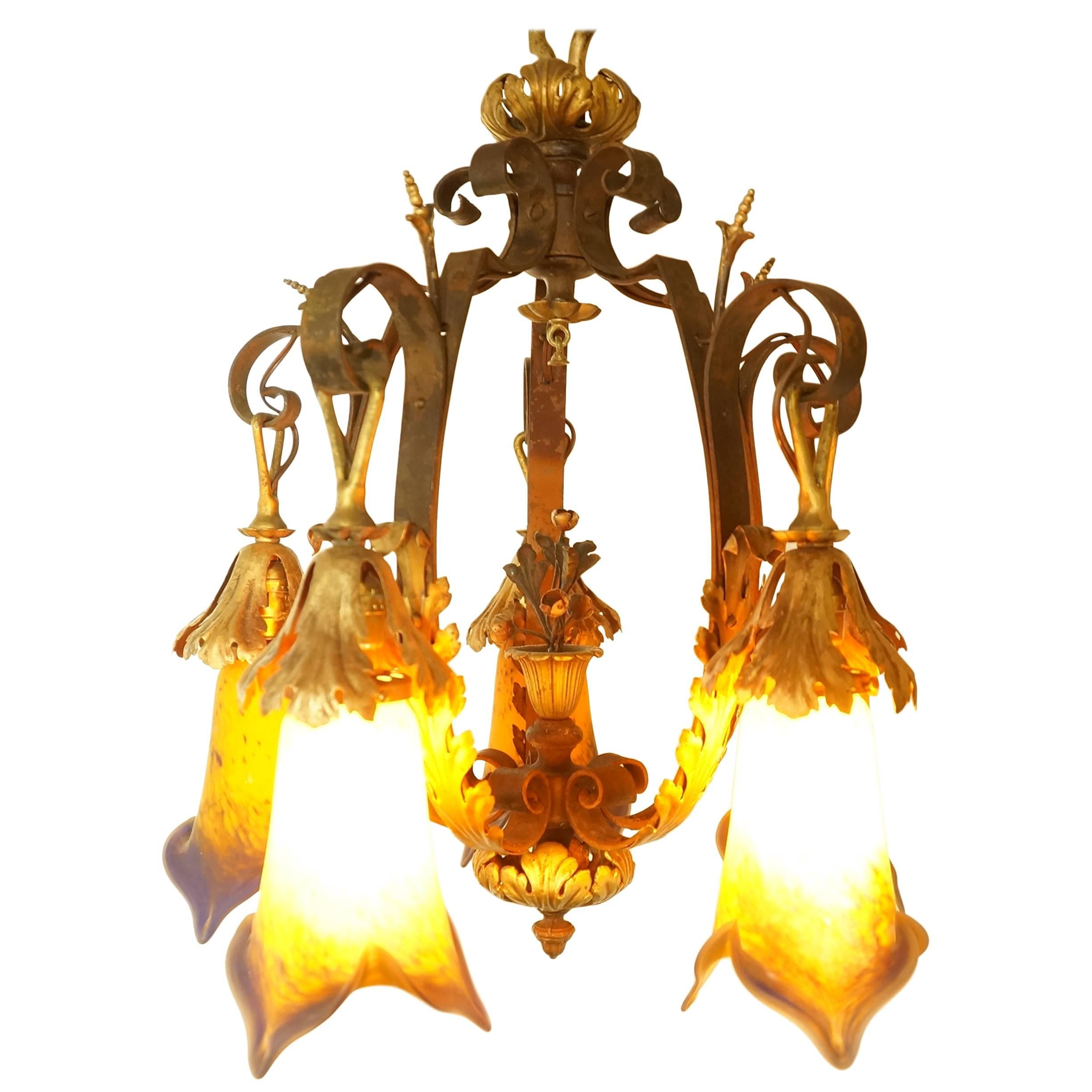 Art Nouveau Five-Arm Bronze Chandelier with Colored Glass Shades