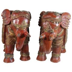 Indian Oxblood Teak Carved Elephant Seats, Side Tables   19th Century