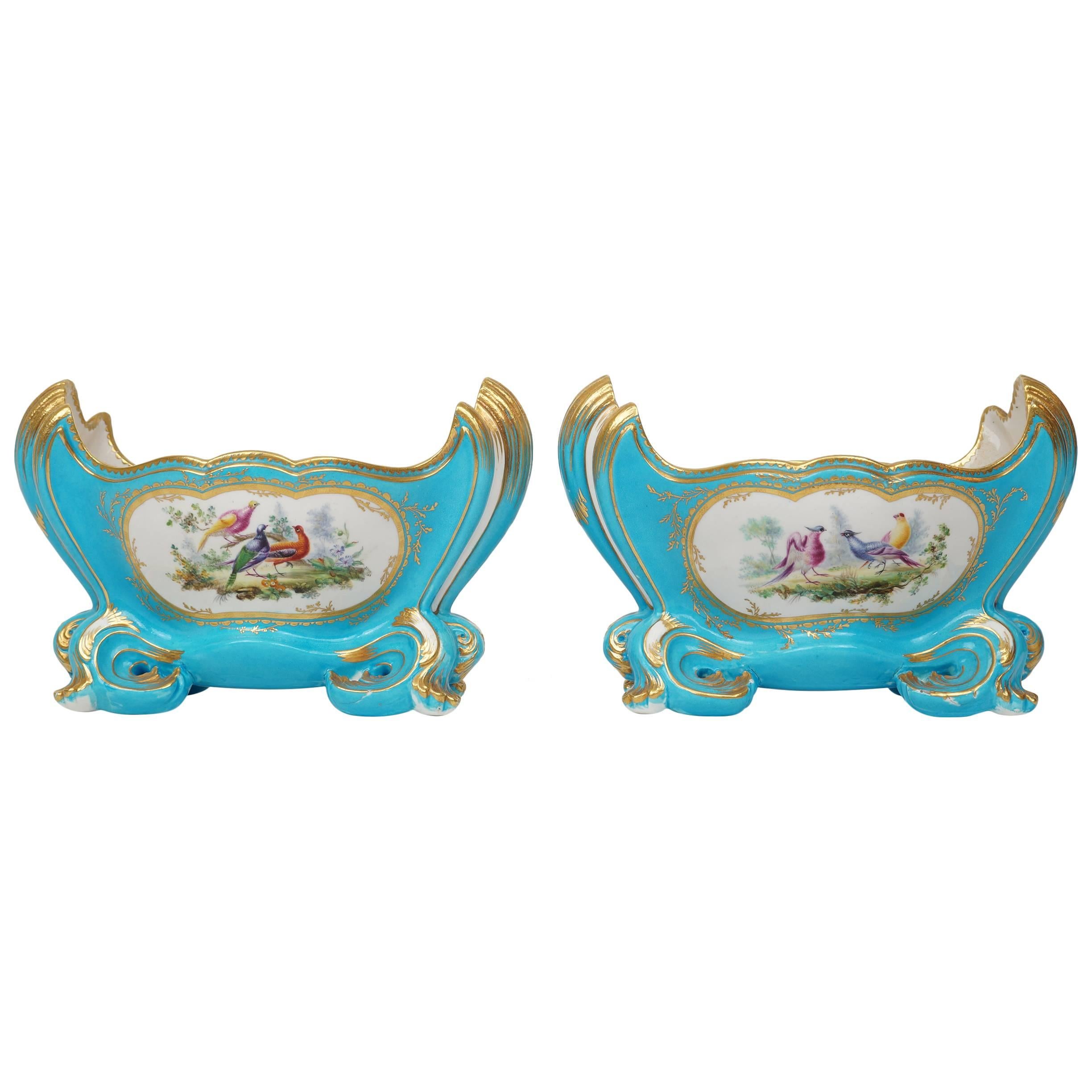 Pair of Celeste Light Blue Porcelain Cache Pots with Painted Bird Scenes