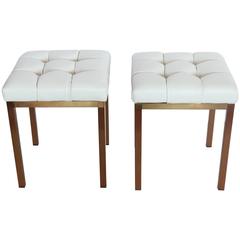 Stylish Mid-Century Brass and Tufted Leather Benches