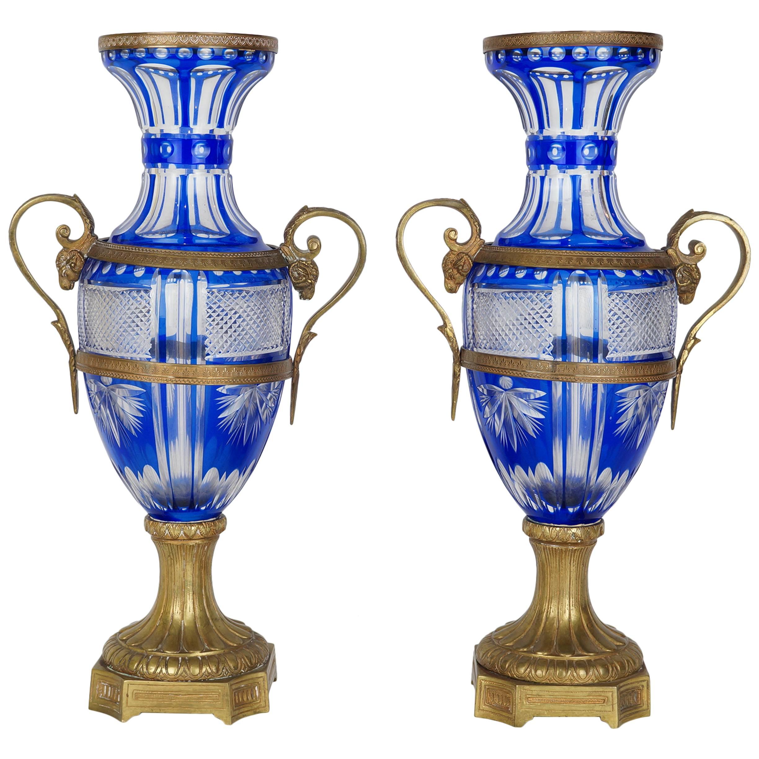 Pair of Blue and Clear Cut Crystal and Bronze Vases with Scroll Handles