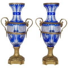 Pair of Blue and Clear Cut Crystal and Bronze Vases with Scroll Handles