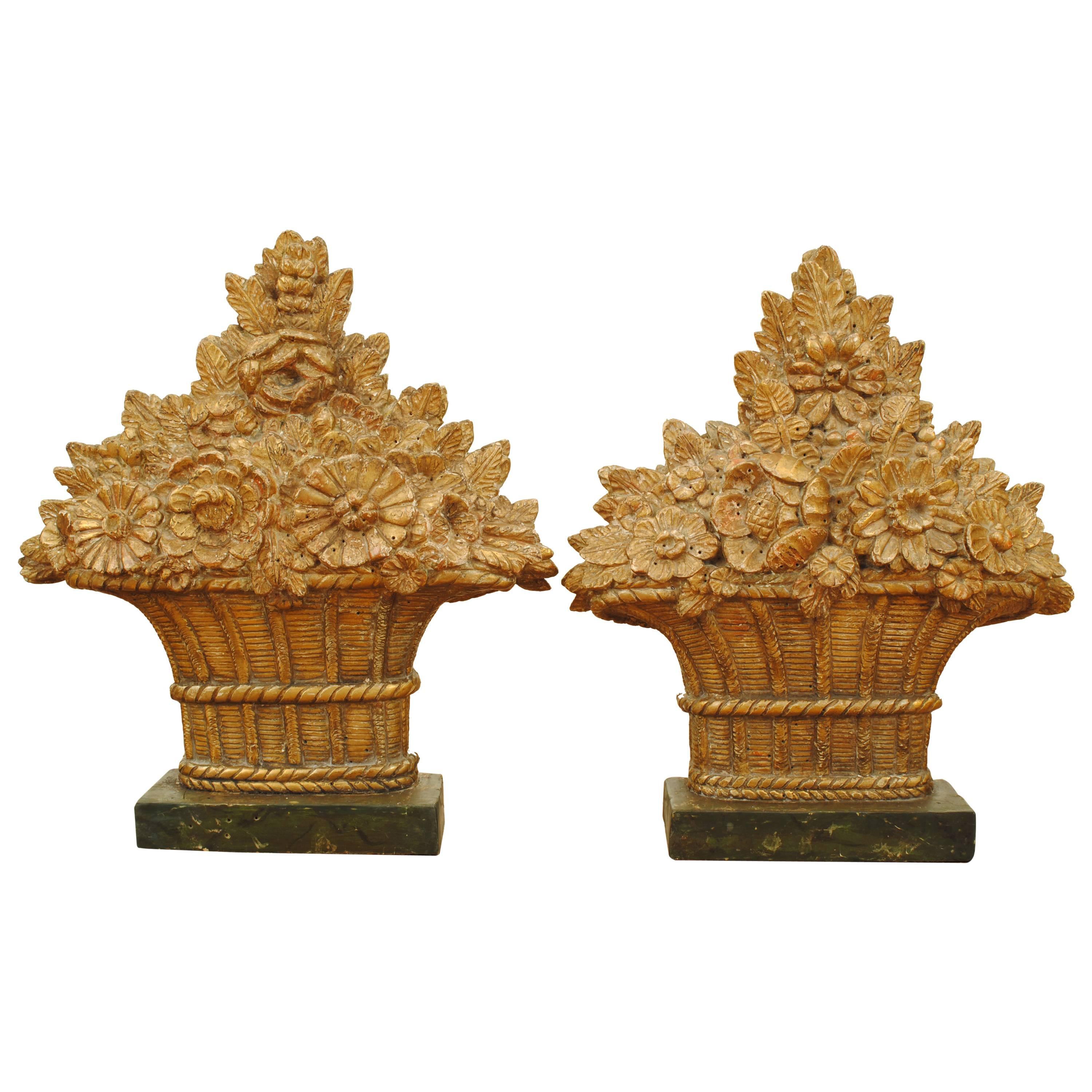 Pair French Louis XVI Period Carved Giltwood Floral Baskets, faux marble bases