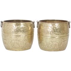 Pair of Hammered Brass Elephant Urns or Planters