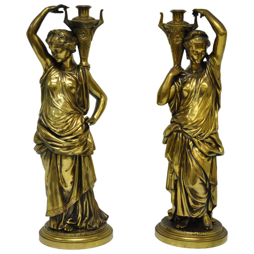 Pair of 19th Century French Classical Finely Cast Bronze Maiden Statues For Sale