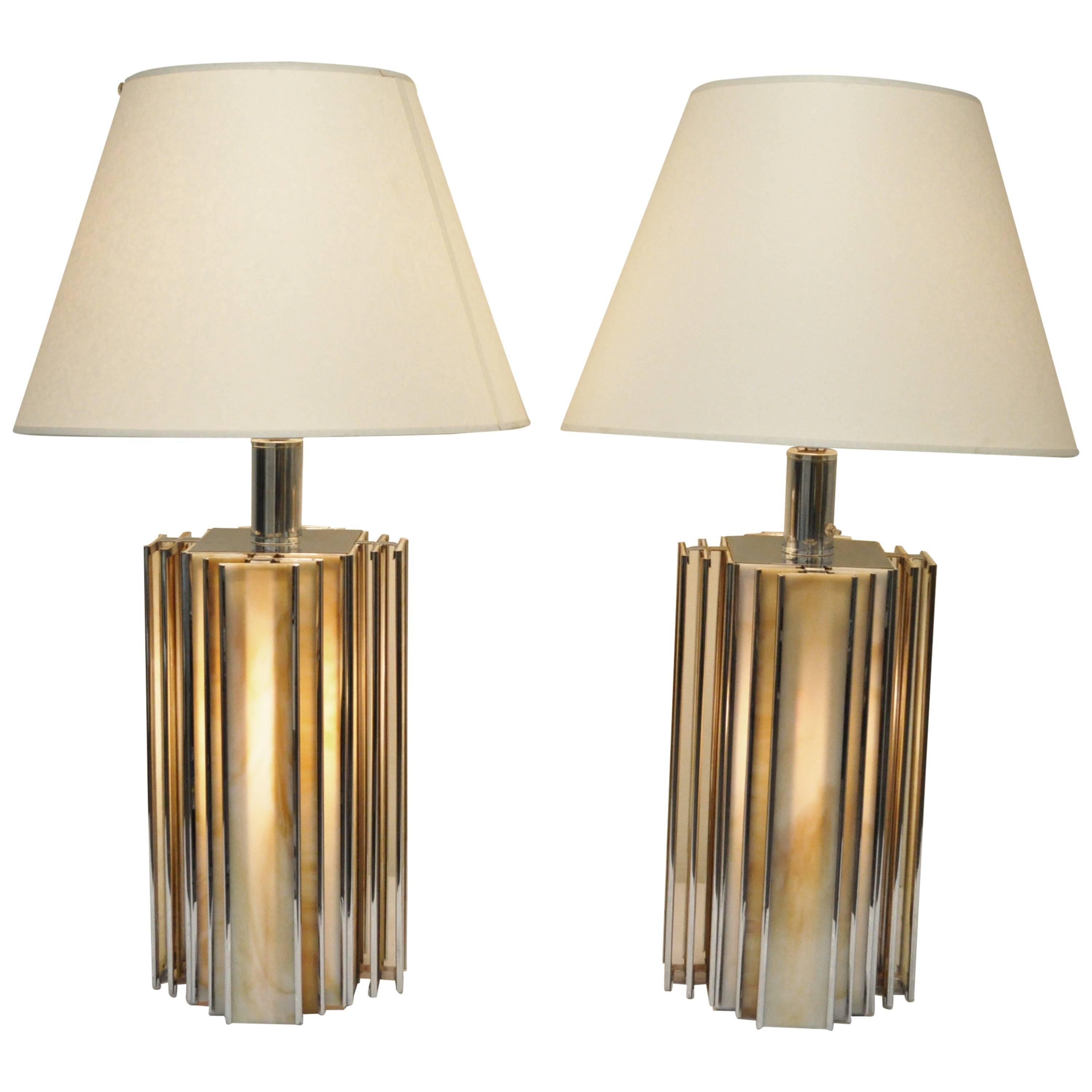 Pair of Mid-Century Modern Chrome and Slag Glass Table Lamps, Art Deco Style For Sale